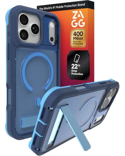 Image of ZAGG Rainier Case with Kickstand for iPhone 17 Pro Max - Blue Cobalt Horizon, Graphene 22ft (7m) Drop Protection, Lanyard Attach Points, MagSafe, Wireless Charging Compatible, Phone Case