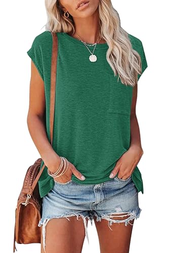 WNEEDU Sommeroberteile für Damen Tops Sommer Locker Tshirt Rundhalsausschnitt Casual Oberteil Kappenärmel(Waldgrün,S)