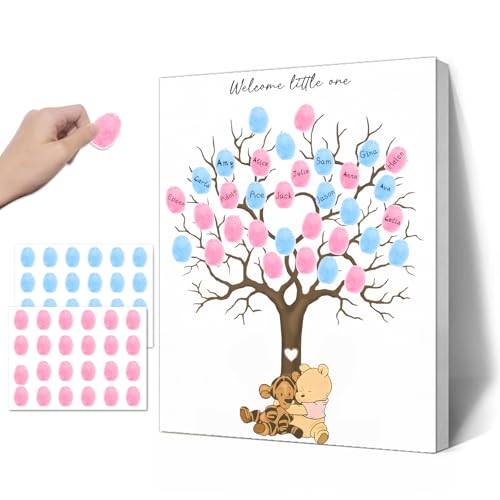 Guawubiang Árbol de huellas dactilares de revelación de género, libro de visitas de oso para revelación de género, pintura en lienzo para baby shower, decoración de baby shower para futuras madres,