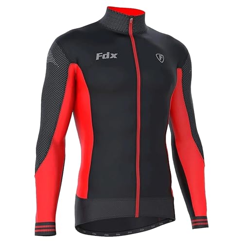 FDX Thermodream Herren-Winterradtrikot, langärmlig, wasserabweisend, winddicht, wärmend, leicht, aus warmem Super-Roubaix-Gewebe, Radtrikot, Mountainbike-Bekleidung (Red XL)