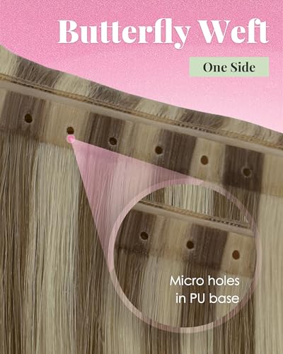 Image of YoungSee Butterfly Weft Hair Extensions Human Hair Highlights, 100g 20 Inch Seamless PU Hole Weft Hair Extensions, Light Brown Highlight Platinum Blonde, Butterfly Hair Extension for Fine Hair