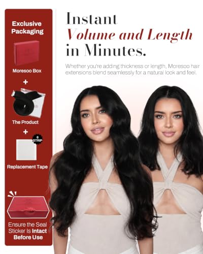 Image of Moresoo Natural Black Skin Weft Tape in Extensions, 28 Inch, 20Pcs, 50g | Tape in hair extensions, remy straight human hair, extra long hair, add length, natural look, easy daily styling