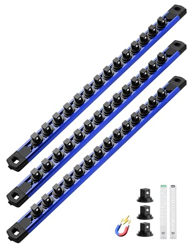Image of ALOANES Magnetic Socket Organizer Set, 3-Piece Heavy Duty Aluminum Socket Rails, 360 Swivel Clips Socket Rail Kit for Tool Tray Drawer Fit 3 /8-Inch x 42 Clips (Blue, 3PC)