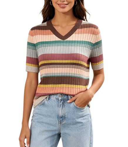 Image of DAIMIDY Women's Short Sleeve Sweater V Neck Summer Knit Tops