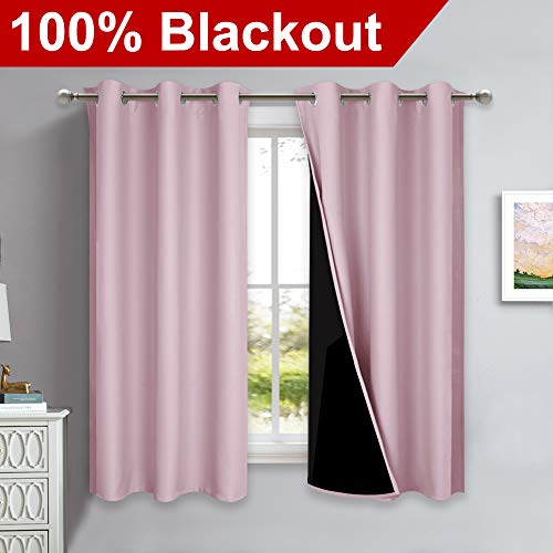 Image of NICETOWN 100% Blackout Curtains 45 inches Long, 1 Pair, Baby Pink, 42 inches Width Each Panel, 2 Thick Layers Completely Blackout Window Treatment Thermal Insulated Lined Drapes for Small Window