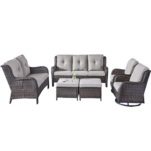 Rilyson Wicker Patio Furniture Set - 6 Piece Rattan Outdoor Sectional Conversation Sets With 2 Rocking Swivel Chairs,2 Ottomans,1 Sofa And 1 Loveseat For Porch Deck Garden(Brown/Grey) #TOP1