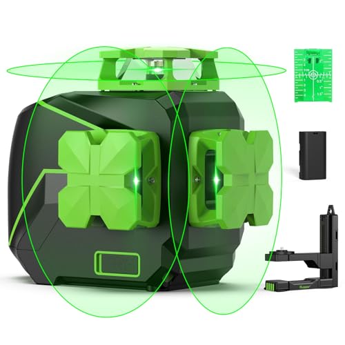 Huepar 3 x 360 Cross Line Laser Level 3D Self-leveling Three-Plane Leveling and Alignment Green Beam Laser Tool, Switchable Vertical & Horizontal Lines, Li-ion Battery & Magnetic Pivoting Base S03CG-L