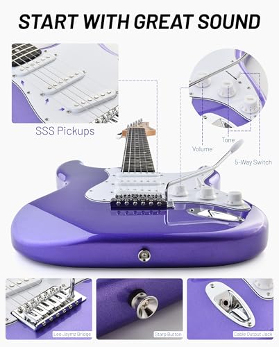 Image of Leo Jaymz Beginner Electric Guitar 39 inch Kit with Portable Amplifier, Padded Gig Bag, Digital Tuner，Capo，Strap，Picks，Classic SSS Pickups(Purple-SSS)