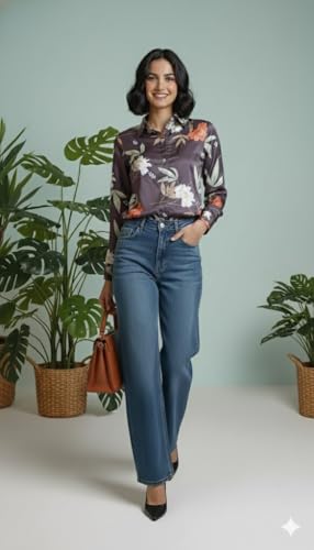 Image of Amazon Brand - INKAST Women Abstract Floral Printed Spread Collar Long Sleeves Casual Cami Shirt