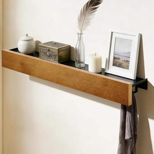 WJUAN Porte Manteau Mural avec Etagere, 65 cm Portemanteau Mural, Porte Manteaux Muraux avec 10 Crochets, en Bois de Fer, pour Ranger Vêtements, Sacs et...