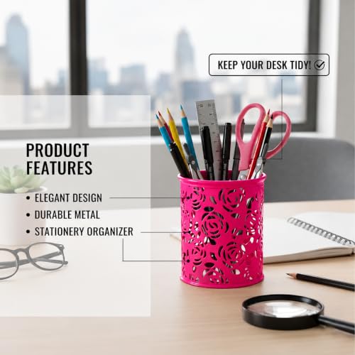 Image of Metal Mesh Pen Stand for Office & Home Desk | Black Stationery Holder Organizer for Pens, Pencils, Markers, Makeup Brushes | Durable Round Wire Mesh Pen Stand (Pack of 1) (Floral-Dark Pink)