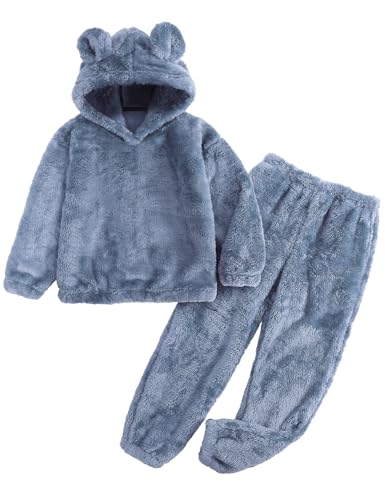 Flygo Girls Fuzzy Pants Set Crop Hoodie Bear Ear Two Piece Outfits Fluffy Sweatshirt and Fleece Pants Sweatsuit 11-12Y (Blue-L)