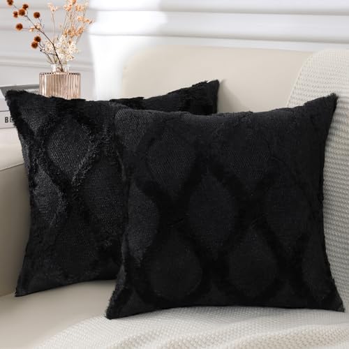 decorUhome Throw Pillow Covers 26x26 Inch Set of 2, Soft Plush Faux Fur Wool Black Couch Pillow Covers, Decorative Neutral Pillow Cases for Bed Sofa Living Room Home Decor