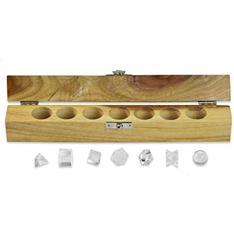 The Masonic Exchange Platonic Solids Quartz Crystal 7 Piece Sacred Geometry Set with Gift Wood Box Cover