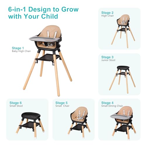 Image of High Chair, 6 in 1 Wooden Convertible High Chairs for Babies and Toddlers, Booster Seat with Double Tray & Reversible Footrest Baby Highchair, 5-Point Harness Baby Feeding Chair, Black