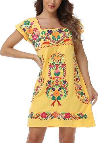 Image of YZXDORWJ Women Mexican Embroidered Dress Ruffle Collar Sleeveless