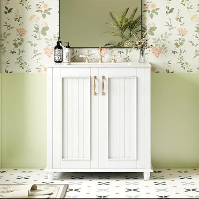 Bathroom Vanity Set, 36 Bathroom Vanity with Resin Sink Combo, Solid Wood Frame Bathroom Storage Cabinet with 5 Drawers & Soft Closing Doors, MDF Boards, Gold Metal Knobs