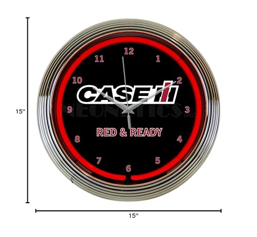 Case IH International Harvester Red and Ready Neon Clock 15 Inch Diameter with Chrome Rim and Red Neon &ndash; 8CASEC