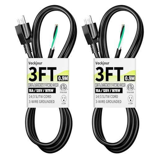 Image of Vockjour 2 Pack 3 ft 14 /3 Appliance and Power Tool Cord, 14 AWG 3 Prong Black Heavy Duty Replacement Power Cord with Open End, NEMA 5-15P, 125V AC Pigtail, 15A 1875W, ETL Listed