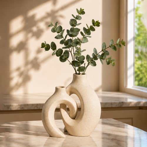 Image of Art Street Knot Norma Double Ceramic Vase |Modern Geometric Shapes |White Decorative Flower Pot for Home| Living Room, Bedroom, and Office Decor|Vase for New Year, Christmas Decor| Size (8x7 Inch)