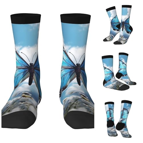 LZQPOEAS blue butterfly and Clouds Athletic Socks Unisex Cushioned Crew Socks Hiking Running Calf Sock Soft Above Ankle Sock