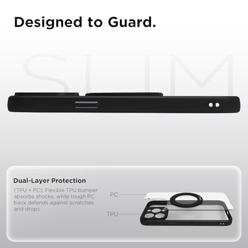 Image of RIGGEAR Shockproof Sleek Hybrid Armor 360 Rotating Magnetic Ring Stand Back Cover Case Compatible with MagSafe Accessories for iPhone 15 Pro Max (Clear PC + Black TPU Bumper)