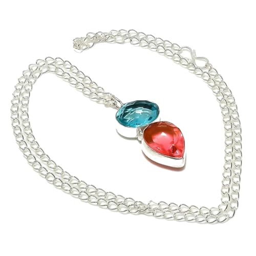 VACHEE Bi-Color Tourmaline, Topaz Quartz Multi-Stone Handmade Chain Pendant 2' Long For Women 925 Sterling Silver Plated Jewelry From 5802