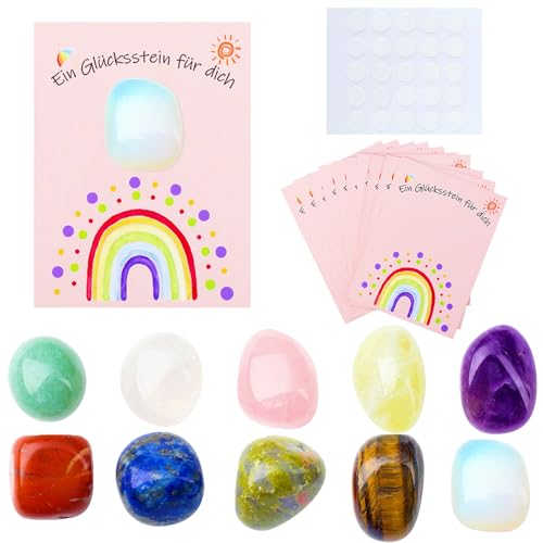XIANNVXI 10 Stück Glückssteine Set Edelsteine Glücksbringer Schulanfang Deko Mutstein Bunte Glücksstein Einschulung Mitbringsel Kindergeburtstag Gastgeschenk Taufe Poliert Trommelstein