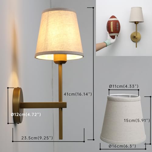 Image of Vintage Wall Sconce with Linen Fabric Shade, E26 Bathroom Vanity Light, Hardwired Indoor 1-Light Wall Mounted Lamp for Hallway Bedside Nightstand Light
