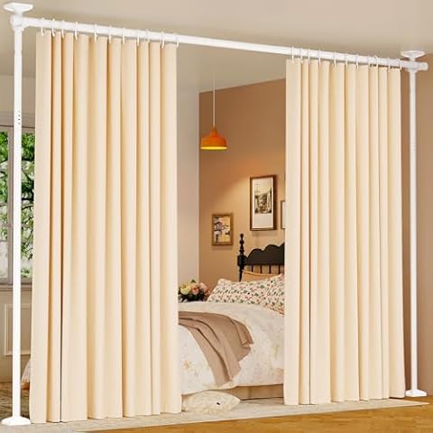 Goovilla Room Divider for Room Separation, Tension Curtain Rods No Drilling, 4-10ft(H) 28-70inch(W) Adjustable Temporary Privacy Wall Divider, Heavy Duty Freestanding Space Partition Separator, White Cover