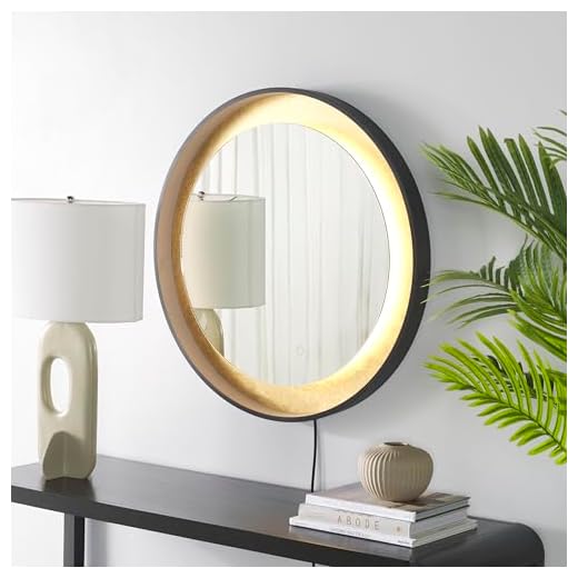 SAFAVIEH Home Collection Erdem Black/Gold Leaf Touch Switch 30-inch Round LED Wall Mirror for Bedroom Living Room Entryway
