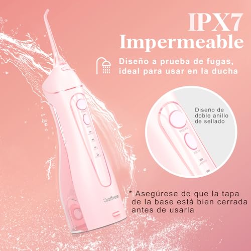 Irrigador Dental Portatil Profesional - Oralfree Irrigador Bucal Con 5 Boquillas 4 Modos, IPX7 Impermeable Irrigadores Bucales, Limpieza Dental Para Limpiar en Profundidad, Rosa - imagen 5