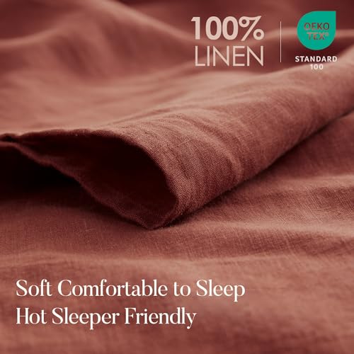 DAPU Pure Linen Sheets Set, 100% French Linen from Normandy, Breathable and Durable for Hot Sleepers, 3 Pcs Set - 1 Flat Sheet, 1 Fitted Sheet, 1 Pillowcase (Rust Red, Twin)