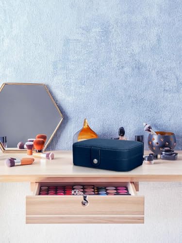 Image of Cortina Jewellery Organiser PU Leather Zipper | Portable Storage Box Case with Dividers | Container for Rings, Earrings, Necklace Home Organizer - Dark Blue