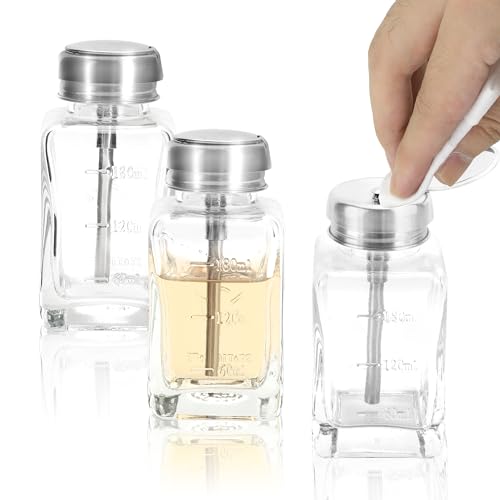 souG 3 Pcs 6 Oz/ 180 ml Clear Pump Dispenser Bottle with Metal Flip Cover Glass Nail Polish Remover Push Down Dispenser Bottle Refillable Push Down Pump Dispenser Press Container for Makeup Remover