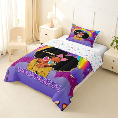 Image of Erosebridal Black Girls Toddler Comforter Set African Princess Bedding Set Dreamy Rainbow Magical Comforter Cute Little Princess Bed Sets for Kids Melanin Bedroom Decor (1 Comforter, 1 Pillowcase)