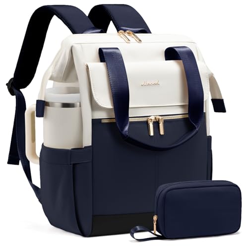 Image of LOVEVOOK Laptop Backpack for Women, 15.6 Inch Work Laptop Bag with USB Port, Fashion Teacher Nurse Backpack Purse, Waterproof Travel Computer Backpack with Organizer Bag, 2PCS,Beige - Navy