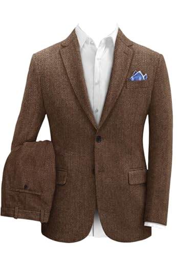 Herringbone Tweed Suits for Men Wedding 2 Piece Groomsmen Blazer Pants Set Big and Tall