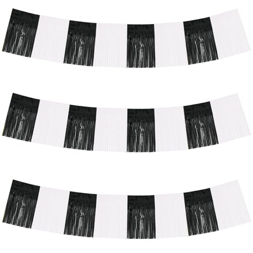 Image of BEISHIDA 3 Packs Metallic Foil Fringe Garland Black White Wall Hanging Tinsel Fringe Banners for Car Floats Bridal Shower Wedding Birthday Graduation Holiday Party Decoration(30 Feet)