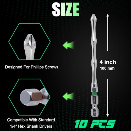 Hitscrews Magnetic Screwdriver Bits PH2#2 (S2 Steel, White Chrome, 4 Inch Long, CNC Phillips Tip) – Impact Driver Bits for Cabinets, Drywall, Hard-to-Reach Areas – 10 PCS - Image 2