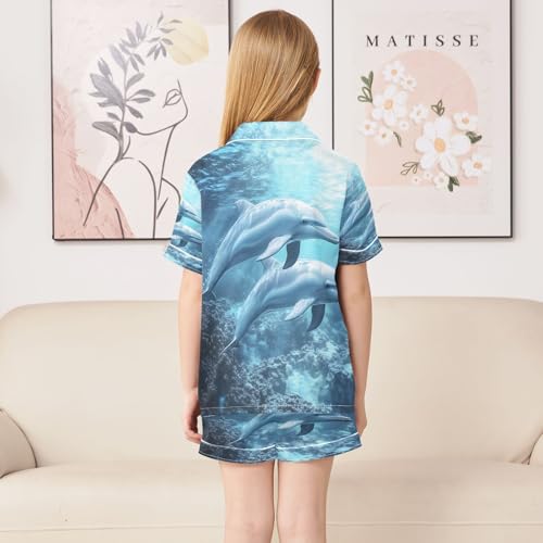 ALAZA Dolphin Ocean Blue Satin Pajamas Set Short Sleeve Button Down Sleepwear Summer Pjs 2 Piece4