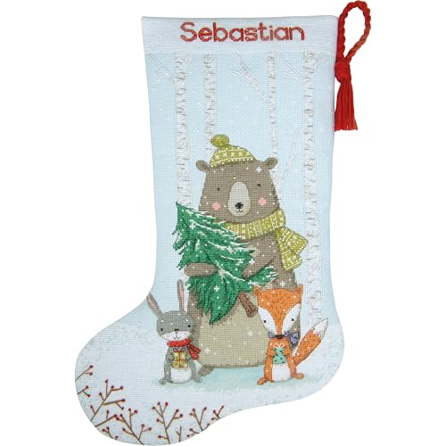 Image of Dimensions 70-09621 Woodland Animals Stocking Counted Cross Stitch Kit, 16 inch Long, 14 Cnt Light Blue Aida, 6 Pieces