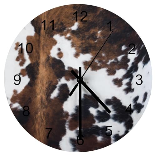 LOMADIA Cow Print Wall Clock 12 Inch Silent Non Ticking Clock Wooden, Brown White Cowhide Animal Fur Western Rustic Farm Wall Clock Battery Operated Kitchen Bedroom Living Room Decor