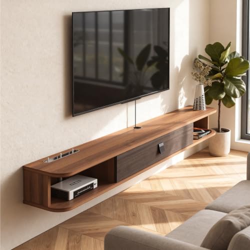 Bspibses Floating TV Stand, 55''Wall Mounted TV Shelf TV Console, Modern Media Cabinet Entertainment Under TV Shelves for Living Room & Bedroom (Walnut)