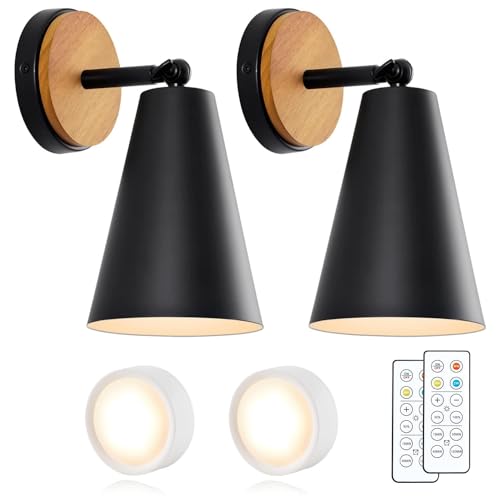 Image of 120 hrs Wood Battery Operated Wall Sconce, IR Remote Control Battery Operated Sconces, Matte Black Battery Operated Wall Sconce, Wall Lights Battery Operated for Bedrooms, Living Room