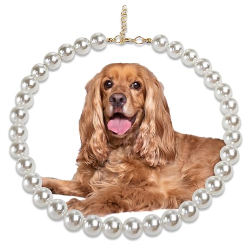 MLUOVI Chunky Pearl Dog Collar Large Breed (0.55 Inch) Adjustable Dog Necklace Beaded Dog Collar Imitation White Pearls Elegant Dog Jewelry Suit for Medium Large Dog 17-19.8 Inner Circumference