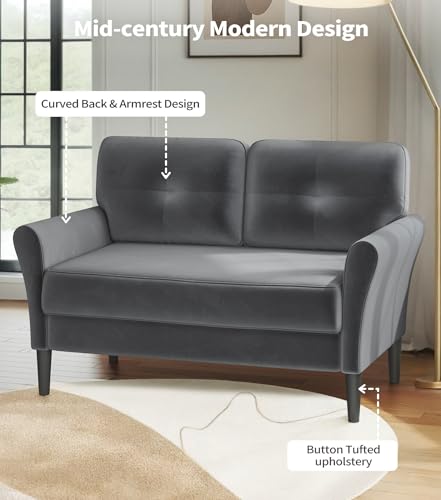 Domusensus Kleines Sofa 2 Sitzer, 123CM kleine Couch 2 Sitzer, Sofa klein mit 53CM extra tiefen Sitzen, MiniSofa Wohnzimmer, Werkzeugfreie Montage Sofas & Couches, Bequemer Samt Mini Couch, Grau