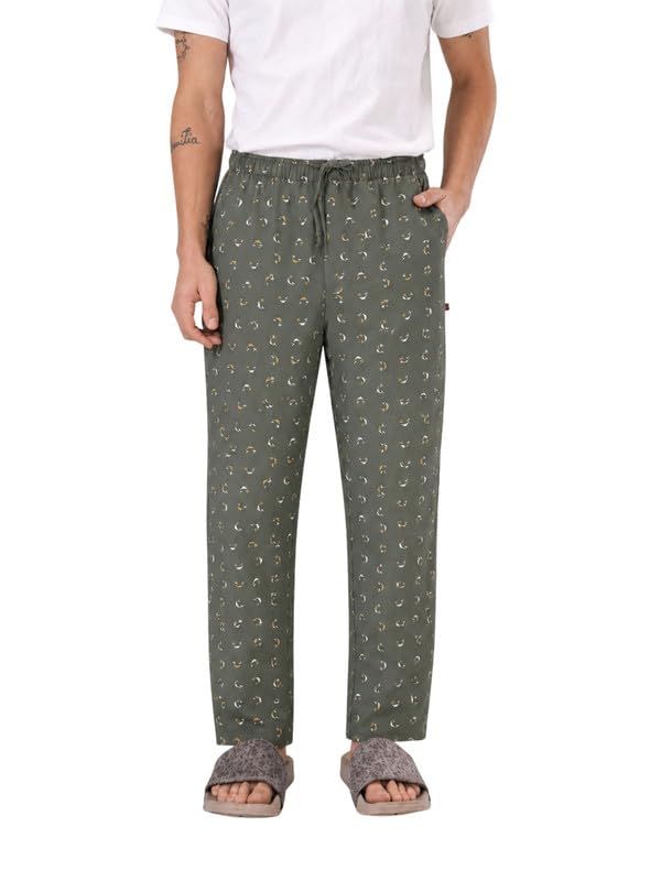 Men's 100% Cotton Lounge Pyjama Pants - Green Printed | No Marks Elastic, Invisible Left Zipper Pocket, Dual Side Pockets, Drawcord | Night Pants, Lower for Men, Leisure Wear-image-3
