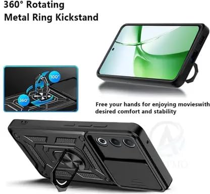 Image of SPAZY CASE Oppo K13x 5G Back Cover | Heavy Duty Hybrid Case with 360 Degree Rotating Finger Ring Holder + Slider Shutter Camera Protection Case for Oppo K13x 5G - Black