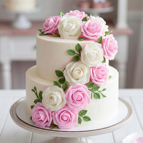 Image of 100Pcs Real Looking Pink and White Blend Artificial Rose Flower Heads, Foam Fake Roses for DIY Wedding Decorations Baby Shower Centerpieces Home Party Valentine's Day Mother's Day Decor
